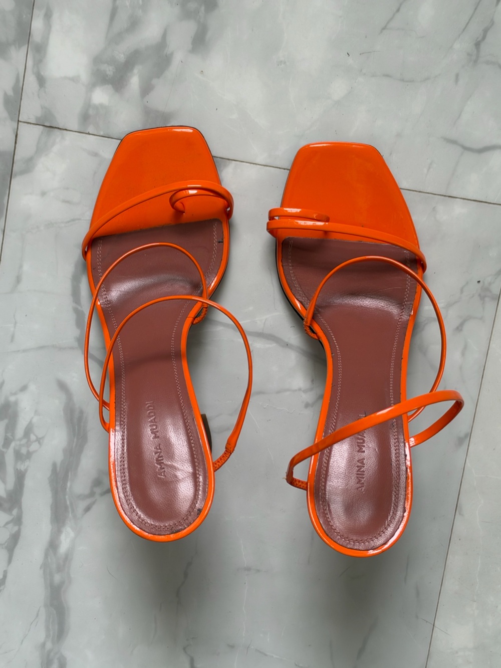 Amina Muaddi Bright Orange Strappy Square-Toe Sandals